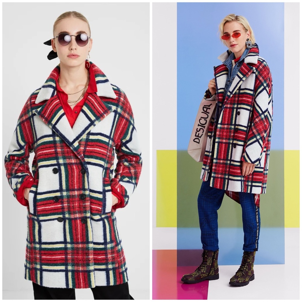 DESIGUAL ~ Dorian Tartan Plaid Double Breasted Wool Coat